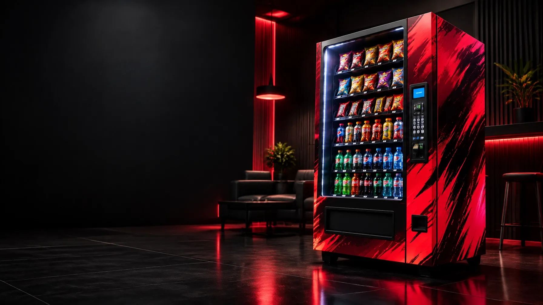 Modern snack and beverage vending machine with a custom red finish